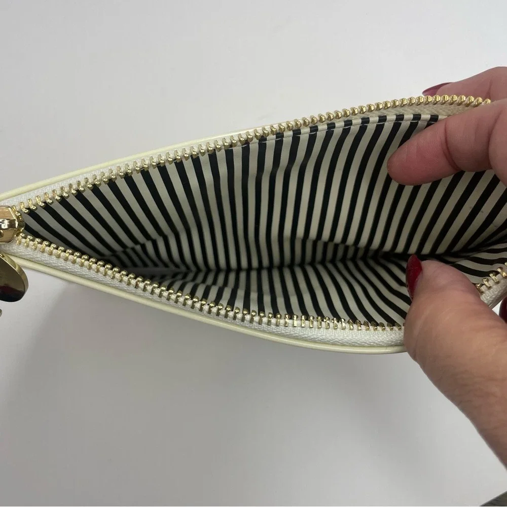 Kate Spade New York Gold Polka Dot Patent‎ Pouch Cream Clutch Zip Top Bag